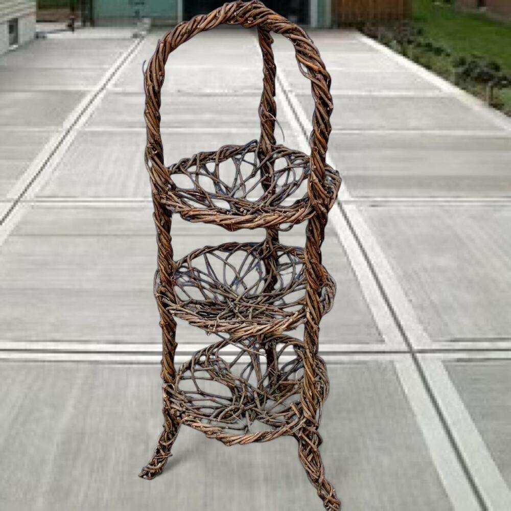 🚨VNTG French Country 3-tier Wicker Basket Stand Woven Baskets & Vine Frame 🧺